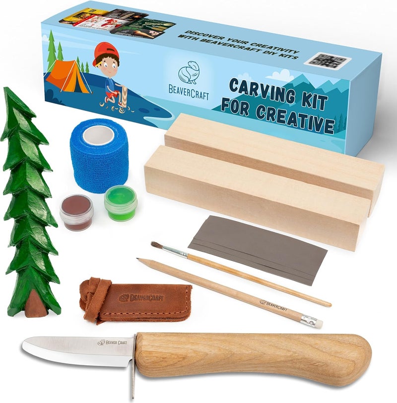 BeaverCraft Wood Carving Kit DIY 08 - Whittling Kit for Beginners - Hobby Kits Whittling Set Includes Safety Wood Carving Knife, Basswood Blocks - Image 1